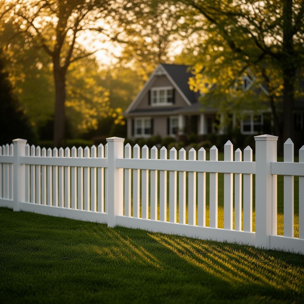 White vinyl privacy fence installed in a Maryland backyard at golden hour